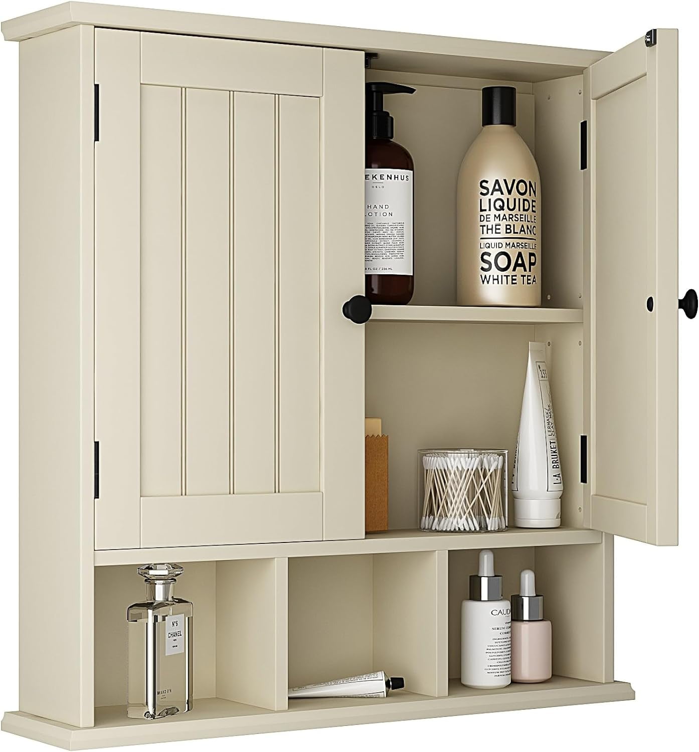 Bathroom Wall Mounted 2Door with 3 Open Shelves, Wooden