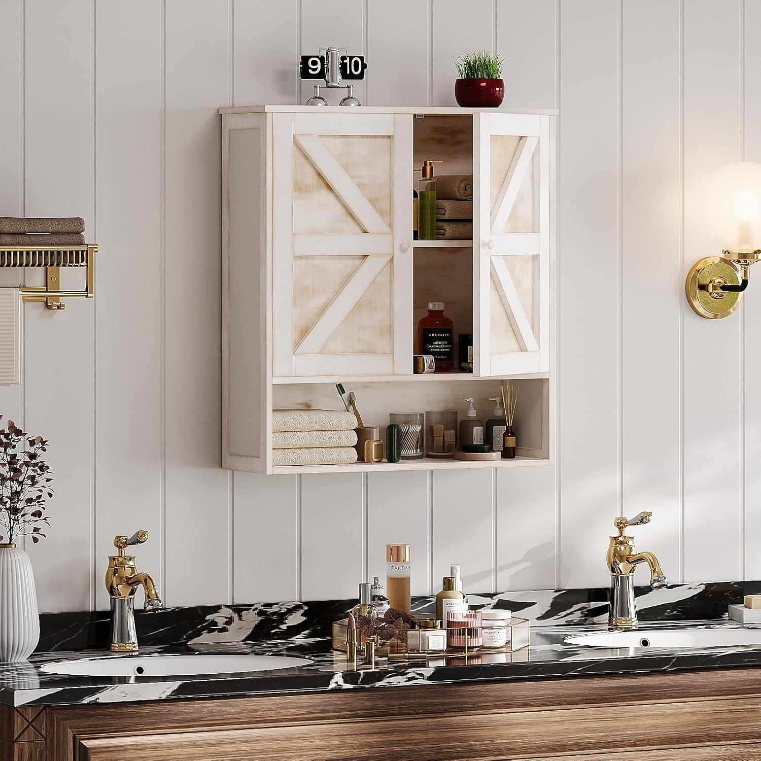 Bathroom Cabinet Wall Mounted with 2 Door Adjustable Shelves Bamboo Wall Cabinet Over The Toilet ...