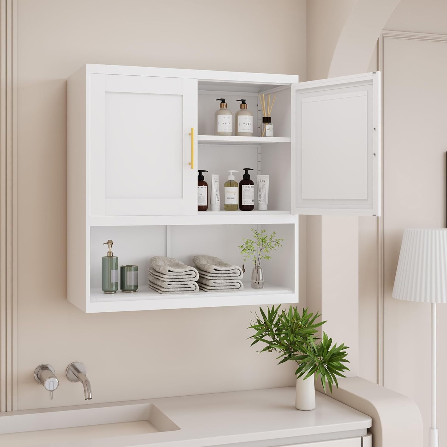 Bathroom Cabinet Wall Mounted, 27.6" H Metal Hanging Cabinet with 2 Doors and 1 Adjustable ...