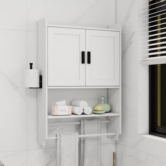Bathroom Cabinet Wall Mounted with Towels Bar and Paper Holder, Bathroom Medicine Cabinet with 2 Door Adjustable Shelves, Over Toilet Cabinet for Bathroom, Laundry Room, Kitchen