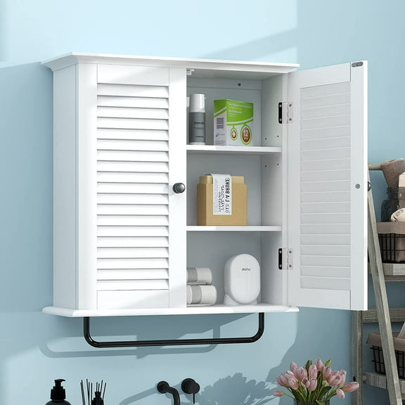 Bathroom Cabinet Wall Mounted White Designer Bathroom Wall Cabinet Medicine Cabinet with Double Shutter Doors 3 Tier Adjustable Shelf with Towel Rack Over The Toilet Storage Cabinet Laundry