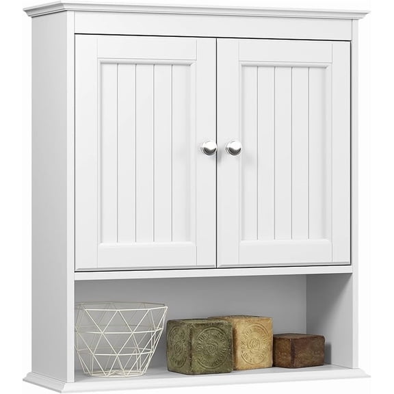 Bathroom Cabinet Wall Mounted with Doors, Wood Hanging Cabinet with Doors and Shelves Over The Toilet, Bathroom Wall Cabinet White
