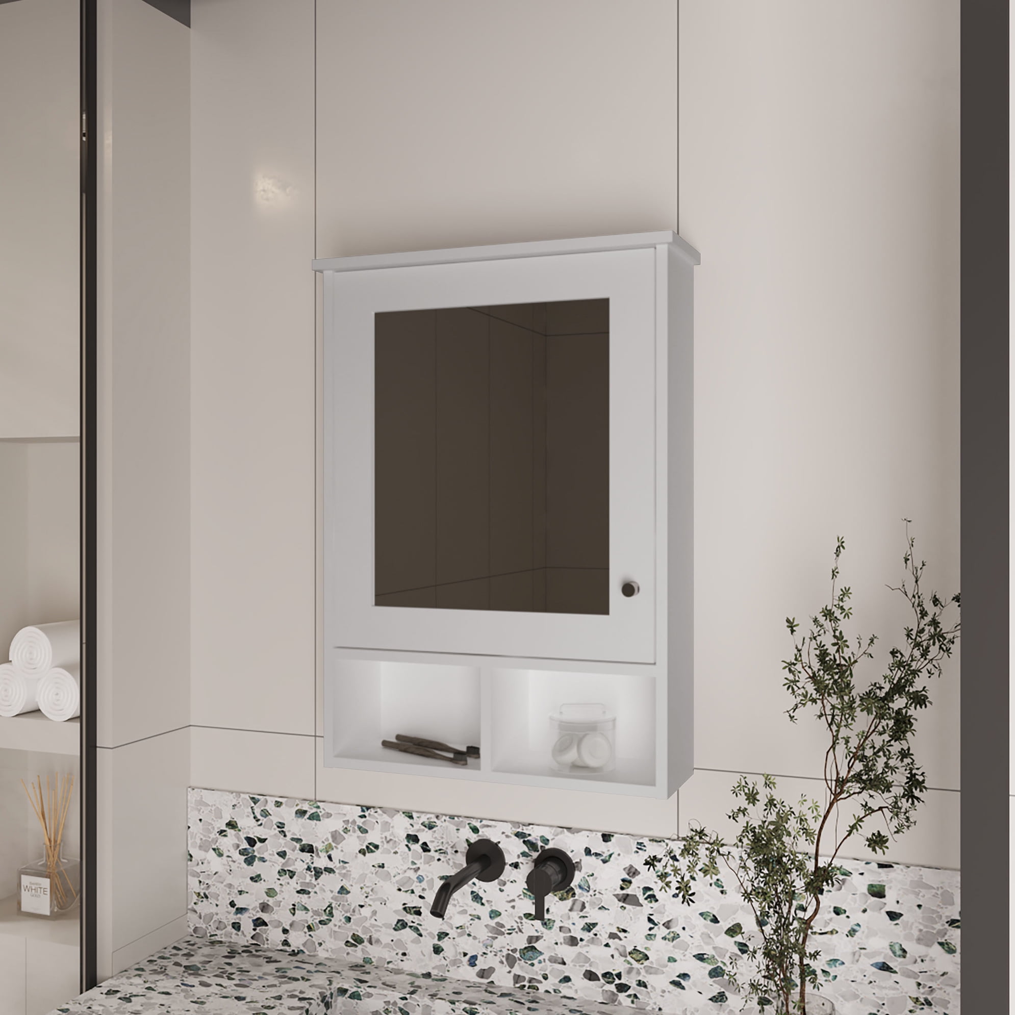 Bathroom Cabinet In White, 3 Hidden Shelves And 2 Open, Mirrored Door ...