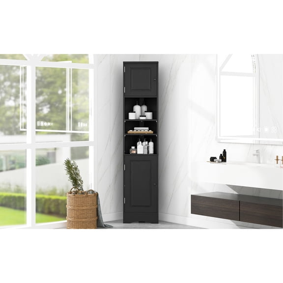 Bathroom Cabinet With Adjustable Shelves And Water- Surface - Black Design Two Doors For Organized