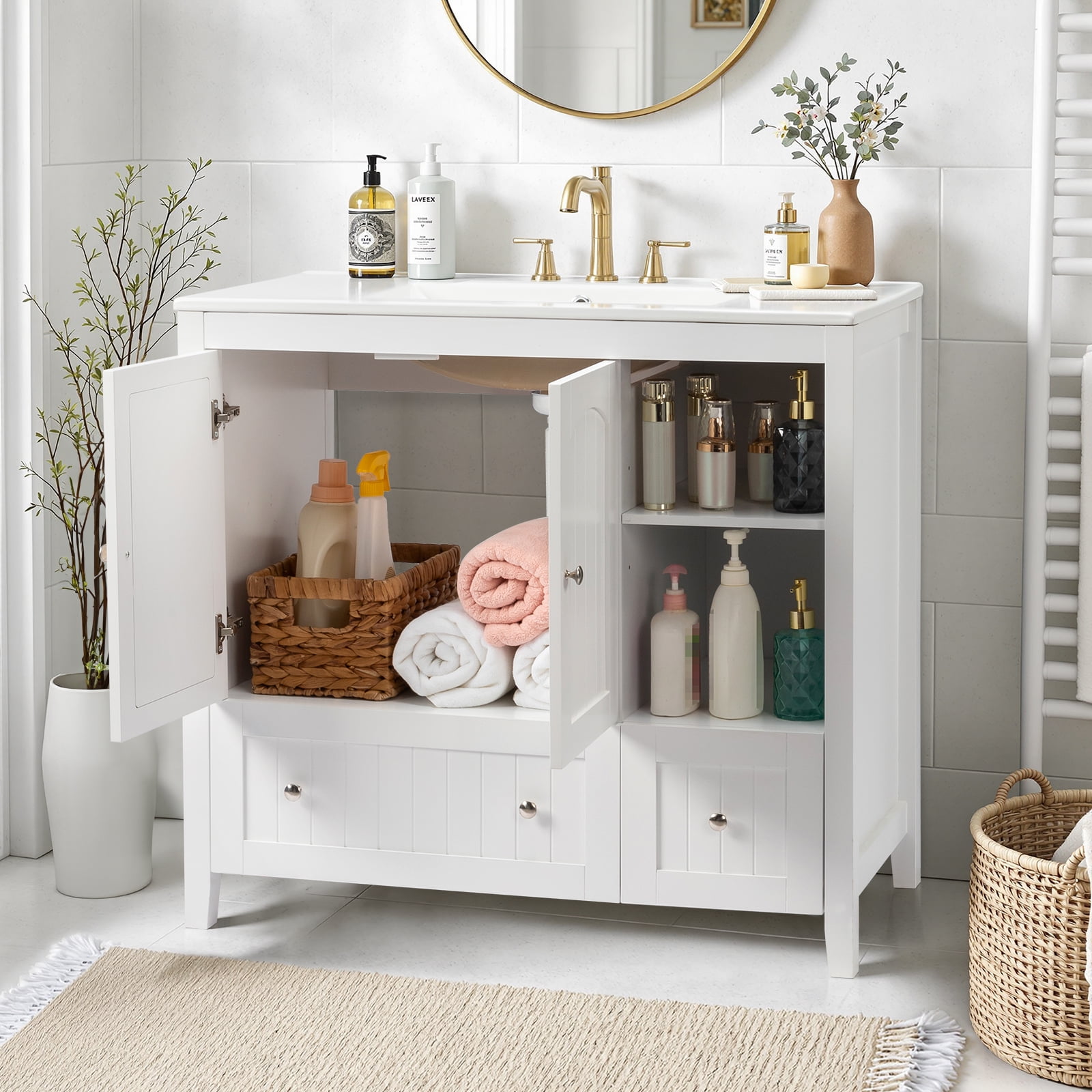 Bathroom Cabinet Without Basin White Mdf Spray Paint 2 Double Door 2 Drawer With Decorative Strips, 91*46*82cm