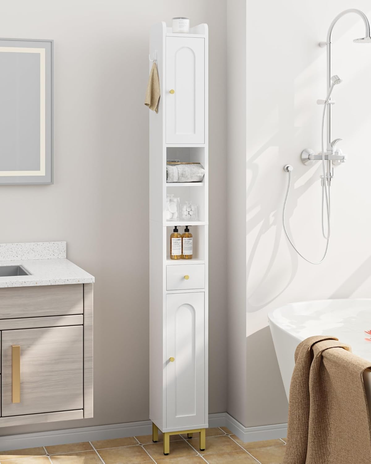 Bathroom Cabinet with Adjustable Shelves, Freestanding Floor Cabinet,Tall Bathroom Storage ...