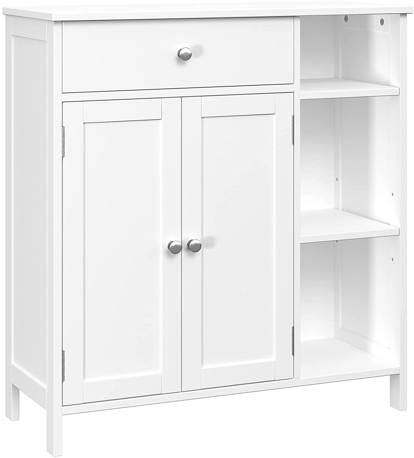 White Particleboard Cabinet with Adjustable Shelving and Drawer