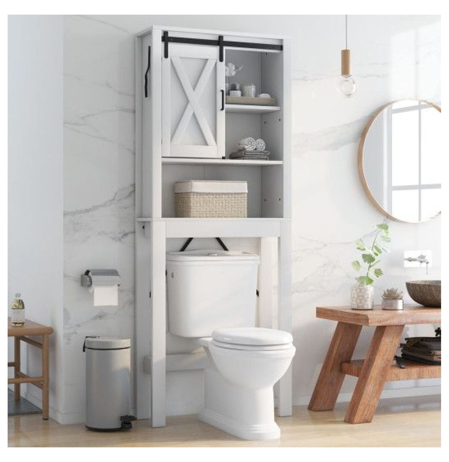 Bathroom Cabinet with Sliding Barn Door, 3-Tier Wood Organizer ...