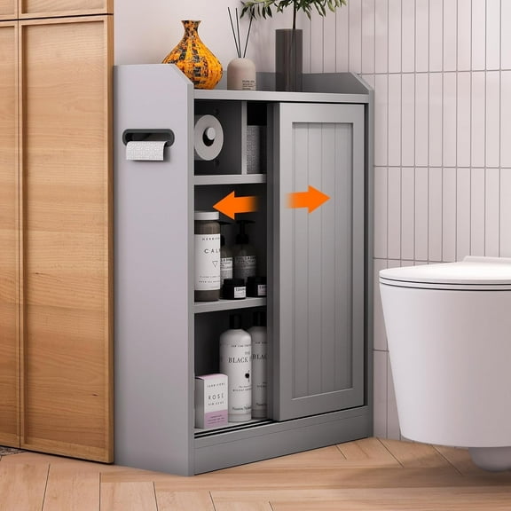 KZElegy Bathroom Cabinets Small Narrow Cabinet Bathroom Organizers and Storage with Sliding Doors and Toilet Paper Holder,Anti-Tilt Design,Grey 23in