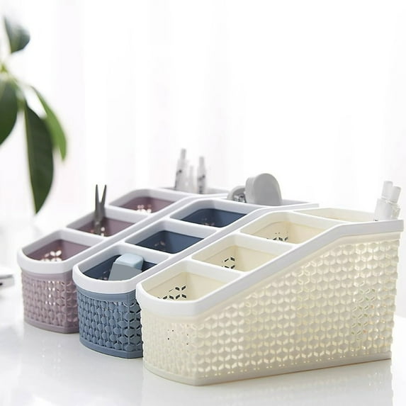 Bathroom Caddy Organizer Basket | Plastic Desktop Storage Box for Cotton Swabs Pads Floss Makeup Brushes Pens Remote Control | 4 Compartments | 20x11x9.5cm | 1 Pack