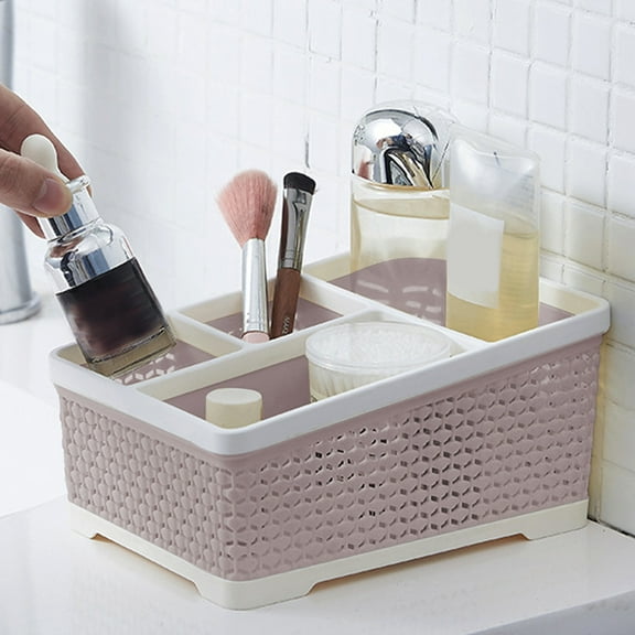 Bathroom Caddy Organizer, Rvkxad Plastic Desktop Storage Basket, 4 Compartment Multi-Purpose Organizer for Cotton Swabs Pads Floss Cosmetics Makeup Brushes Pens, Pink