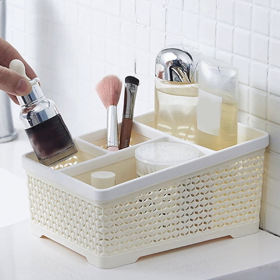Bathroom Caddy Organizer, Rvkxad Plastic Desktop Storage Basket, 4 Compartment Multi-Purpose Organizer for Cotton Swabs Pads Floss Cosmetics Makeup Brushes Pens, Beige