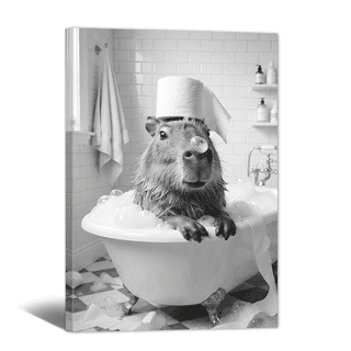 Bathroom Canvas Wall Art - Framed Black and White Capybara in Bathtub Print Abstract Funny Animal Artwork Paintings for Bedroom Hallway Toilet Nursery Home Wall Decor