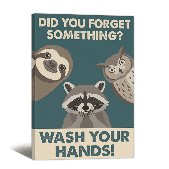Bathroom Canvas Wall Art, Framed Funny Animals Wash Your Hands Quote Prints Abstract Cartoon Sloth Raccoon Owl Artwork Paintings for Restroom Bedroom Apartment Hallway Nursery Home Decor