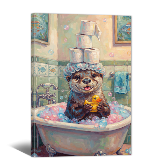 Bathroom Canvas Wall Art - Framed Rainbow Funny Otter in Bathtub Prints Abstract Animal Artwork Oil Paintings for Restroom Bedroom Hallway Nursery Home Wall Decor