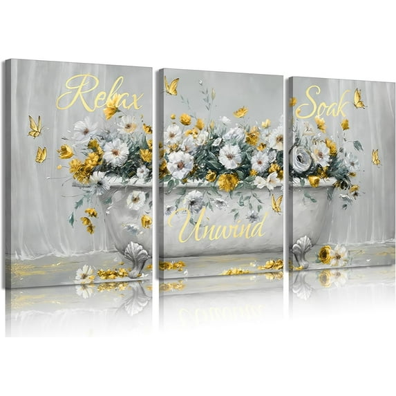 Bathroom Canvas Wall Art Pictures Bathtub Floral Poster Prints Relax Soak Unwind Home Wall Decor for Bathroom Unframed