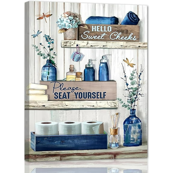 Bathroom Canvas Wall Art Rustic Bathroom Sign Decor Please Seat Yourself Canvas Prints Paintings Navy Blue Bathroom Pictures Modern Home Artwork Decor For Bathroom Framed Ready To Hang 12x16 Inch