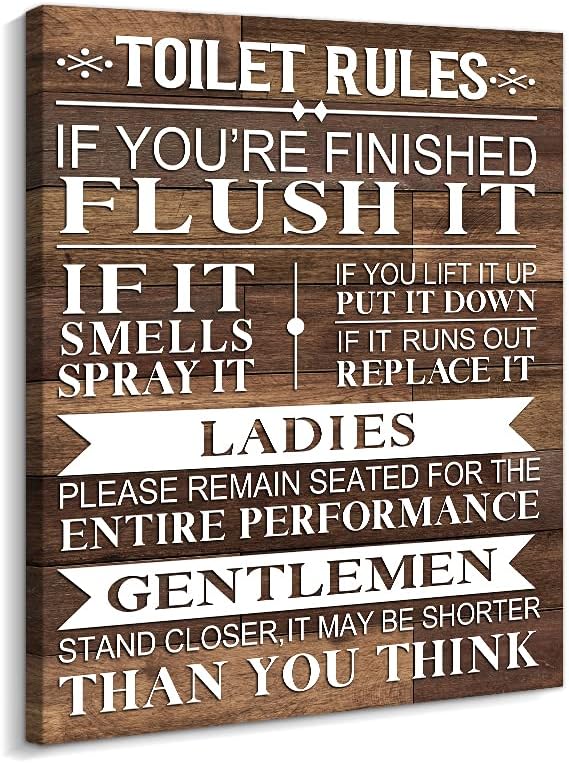 Bathroom Canvas Wall Art Rustic Funny Toilet Rules Prints Signs Framed ...