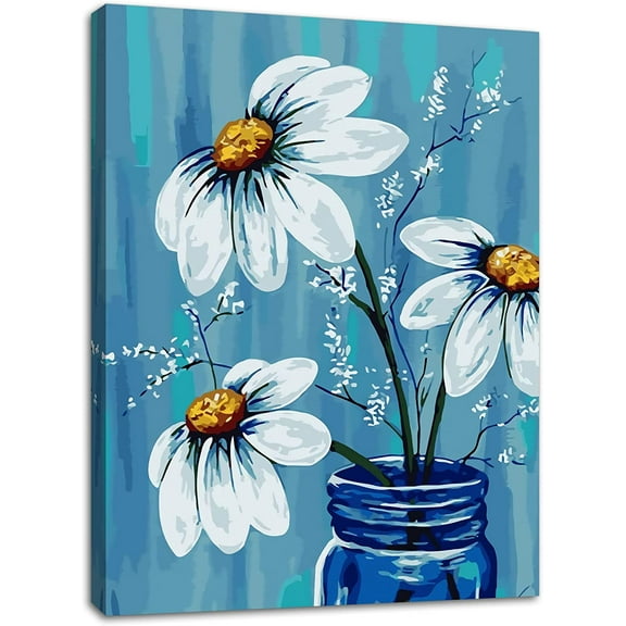 Bathroom Canvas Wall Decor White Daisy in Blue Bottle Theme Picture Artwork for Ready to Hang for Kitchen Bedroom Decor Size 12*16