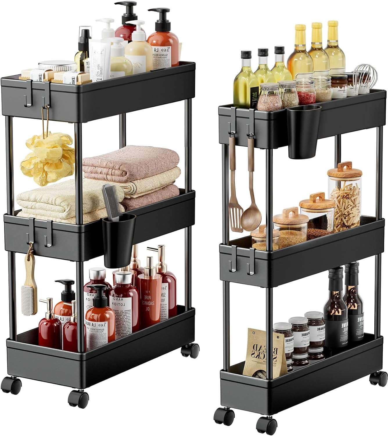 Bathroom Cart, 2 Pack Slim Storage Cart Bathroom Organizer with Hanging ...