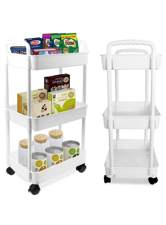 Bathroom Cart with Wheels Kitchen Small Storage Cart 3 Tier Rack Rolling Cart Organizer Shelf, White