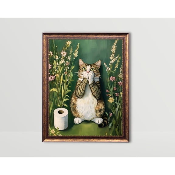 Bathroom Cat, Bath Wall Art, Toilet Paper Art, Green Powder Room Poster, Cute Whimsical Art Posters Fun Animal Poster Restroom, 24x36 UNFRAMED