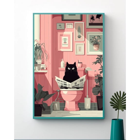 Bathroom Cat – Black Cat Reading Newspaper Wall Art, Whimsical Bathroom Decor, 5 Jpg Sizes Unframed Paper Print