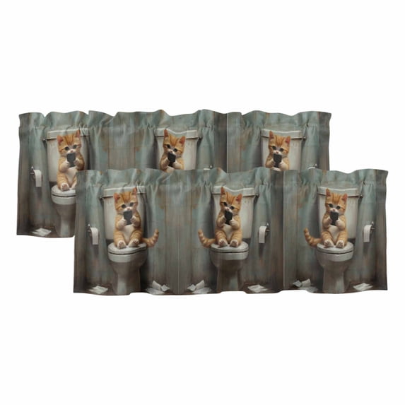 Bathroom Cat Curtain Valances for Windows, Kitchen Valance Window Treatments Panel 2 Pack, Toilet Animals Vintage Rod Pocket Short Curtains for Bathroom Bedroom 60 x 18 Inch