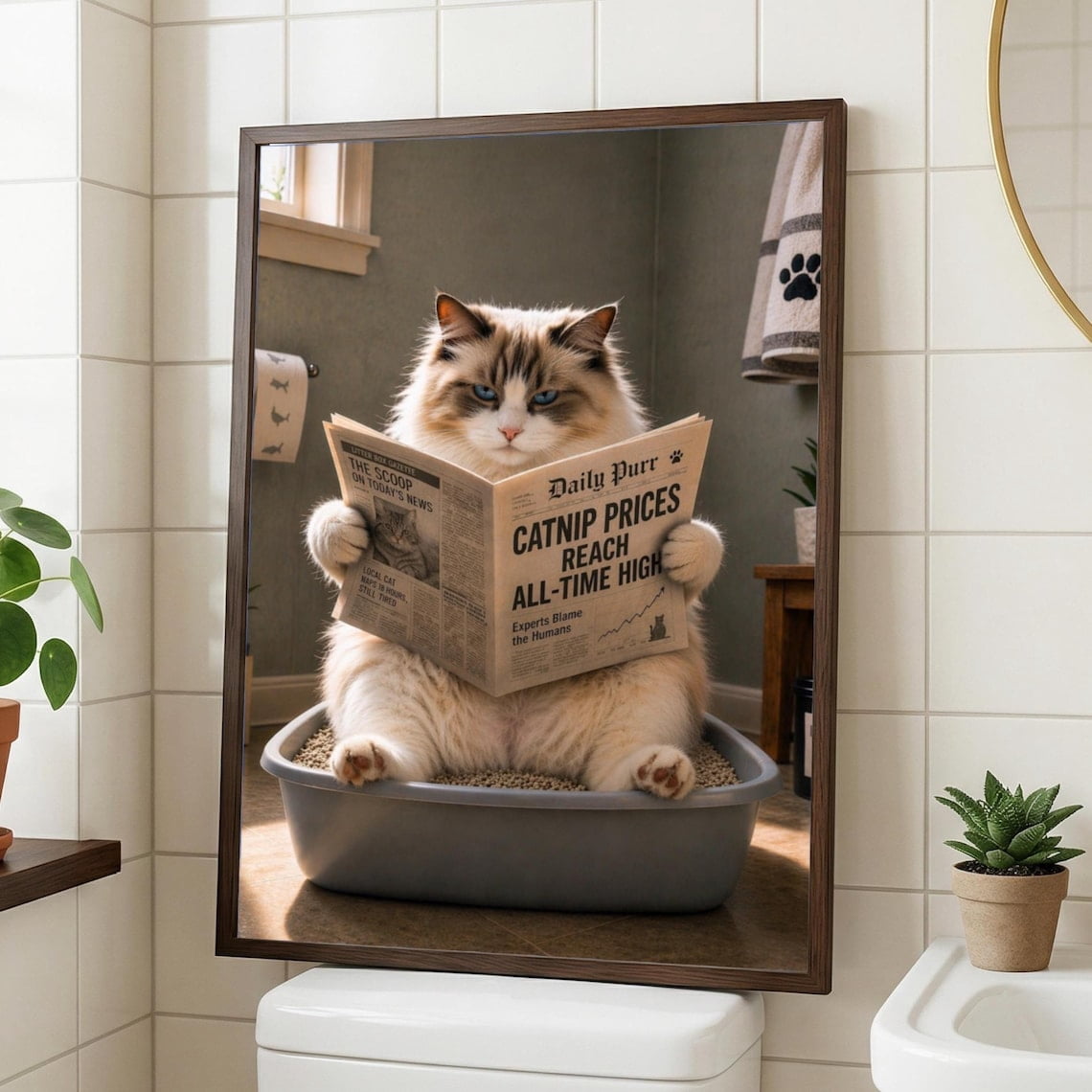 Bathroom Cat Ragdoll Reading Newspaper Litter Box Guest Bath Wall Decor ...
