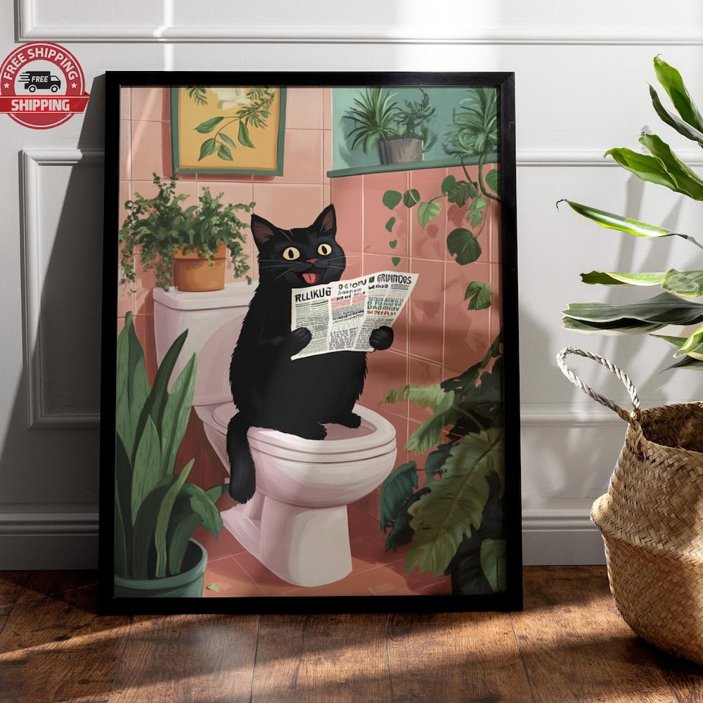 Bathroom Cat Reading Newspaper Print For Toilet Wall Art Print Vintage ...