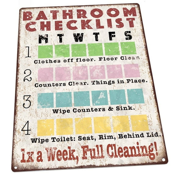 Bathroom Checklist 9"x12" Metal Sign, Wall Decor for Mancave, Den, or Gameroom