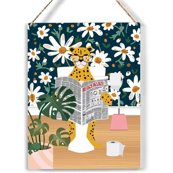 Bathroom Cheetah on Toilet Reading Newspaper Wood Sign Cheetah Wooden Signs Rustic Hanging Plaque Home Wall Art 8x10, Perfect Sign Wall Decor for Home Bathroom Restroom Toilet