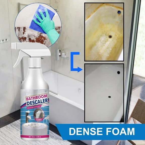 Bathroom Cleaner, 60ml Bathroom Descaler Spray Glass Tile Faucet Bathtub Stain Remover Foam Cleaning Solution with Cloth and Sponge for Shower Sink Kitchen