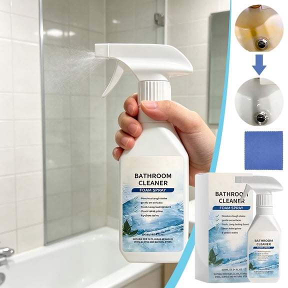 Bathroom Cleaner Foam Spray, 300ml Powerful Limescale and Soap Scum Remover, No-Rinse Shower Cleaner for Tile Glass and Stainless Steel, Deep Cleaning Foaming Spray with Protective Barrier