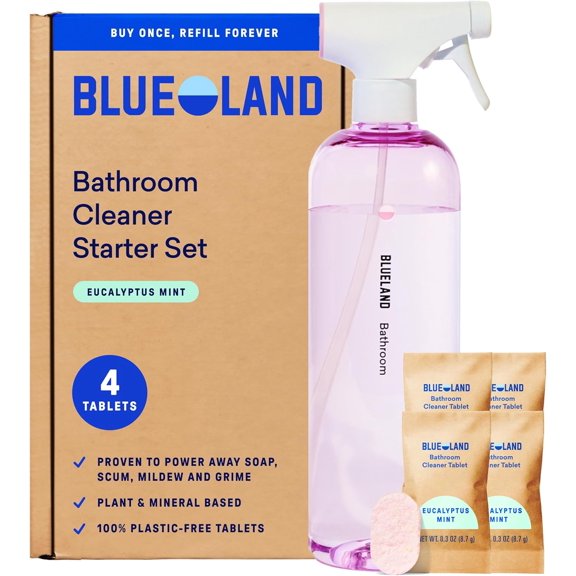 Bathroom Cleaner, Starter Set, Eucalyptus Mint Scent, Spray Bottle with 4 Refill Tablets, Eco-Friendly Cleaning Supplies, 4 x 24 Fl oz