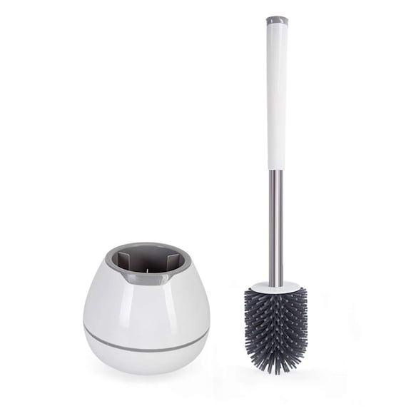 Bathroom Cleaning Kit with Toilet Brush Holder, Silicone Non-Scratch Brush and Tweezers, Aluminum Handle for Durability, White