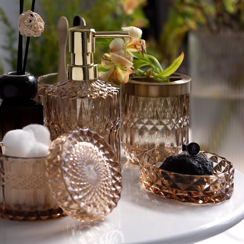 Elegant Brown Glass and Metal 6-Piece Bathroom Accessories Set