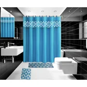 Gorgeous Home Linen 15-Piece Bathroom Set 2-Rugs/Mats, 1 -Fabric Shower Curtain, 12-Fabric Covered Rings Geometric Turquoise