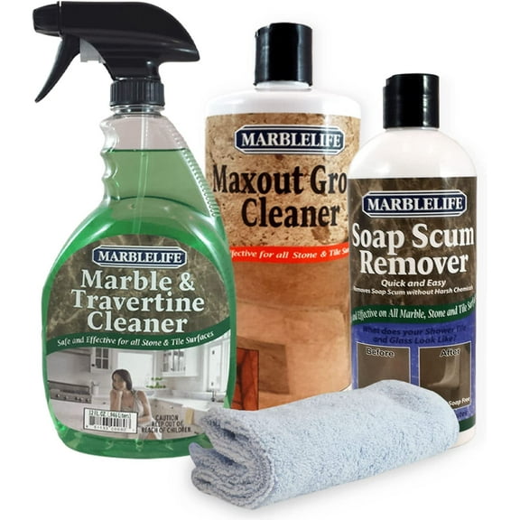 Bathroom Combo Kit, With Marble & Travertine Cleaner, MaxOut Deep Grout Cleaner for Tile Floors, Soap Scum Remover For Shower & Other Surfaces, Includes A kklefc Cloth