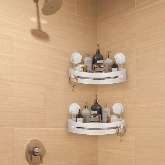 Bathroom Corner Organizer Shelf with Suction Cups - 2 Pack Wall Mounted Shower Rack No Drill, Triangles Soap Holder for Shampoo and Toiletries, Rustproof ABS Aluminum Bath Storage Basket