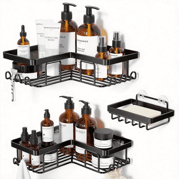 Bathroom Corner Shower Caddy Set, 3-Pack Rustproof Metal Adhesive Shelves with 12 Hooks and Soap Dish Thickened Wire Frame, 40 lbs Capacity No-Damage Wall Mount for Smooth Tile, Marble, Wood