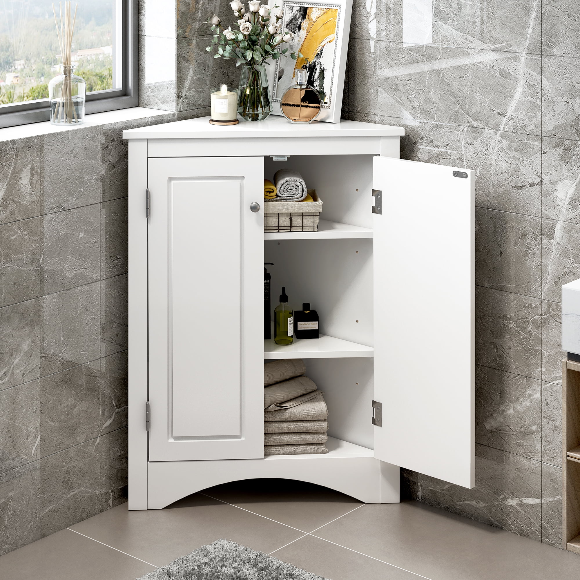 Rukulin Wooden Toilet Paper Holder Stand Cabinet Bathroom Storage Cabinet  Corner Floor Standing Cabinet Shelf with Door(White)