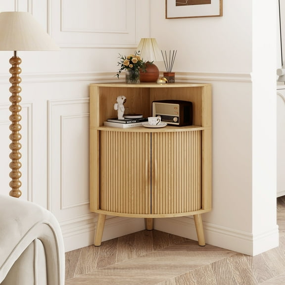 Bathroom Corner Storage Cabinet, Fluted Floor Corner Cabinet with Doors and Shelves, Narrow Cabinet Organizer for Living Room Kitchen Bathroom, Natural