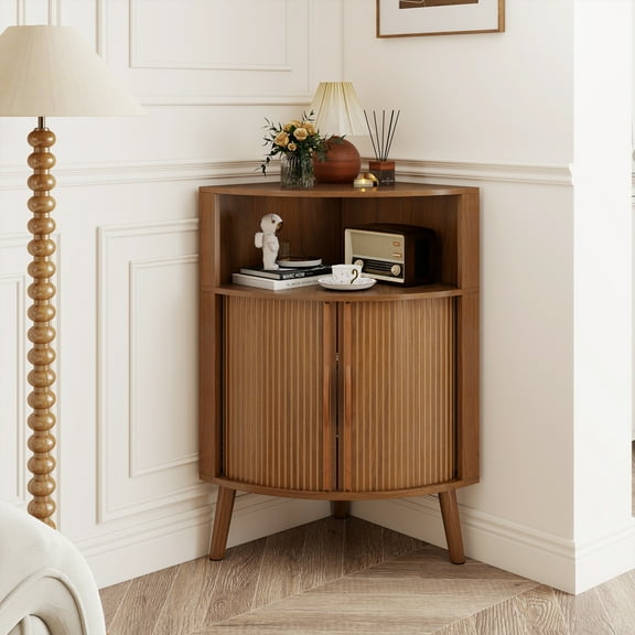 Bathroom Corner Storage Cabinet, Fluted Floor Corner Cabinet with Doors and Shelves, Narrow Cabinet Organizer for Living Room Kitchen Bathroom, Walnut