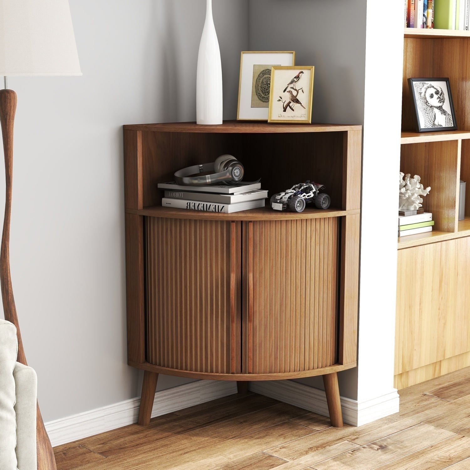 IQCNGVX Corner Storage Cabinet Modern Small Floor with 2 Fluted Doors and Shelves Narrow Cabinets Organizer Bedroom Living Room Kitchen
