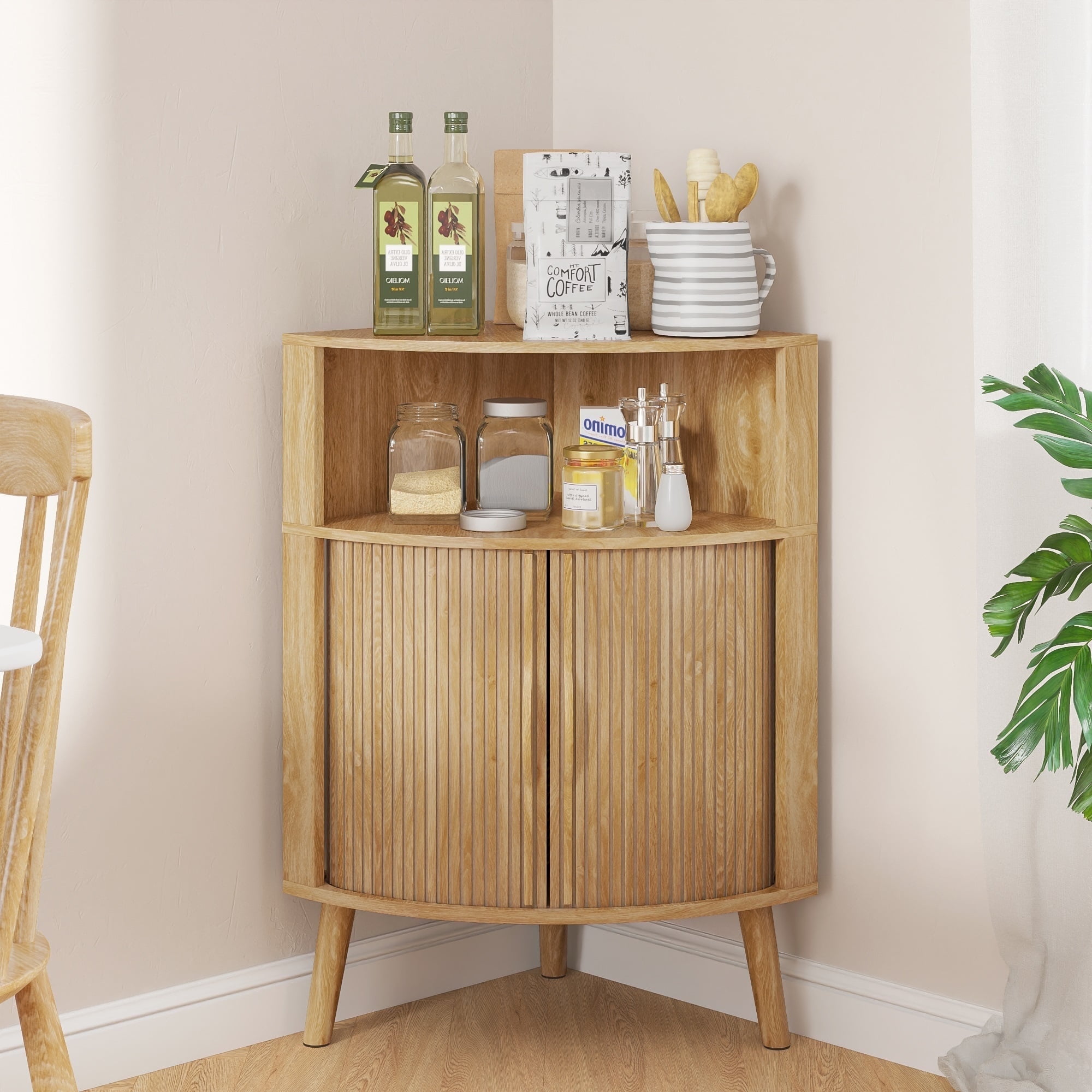 Bathroom Corner Storage Cabinet with Sliding Doors, Freestanding Floor Cabinet with Open Shelves for Kitchen, Living Room