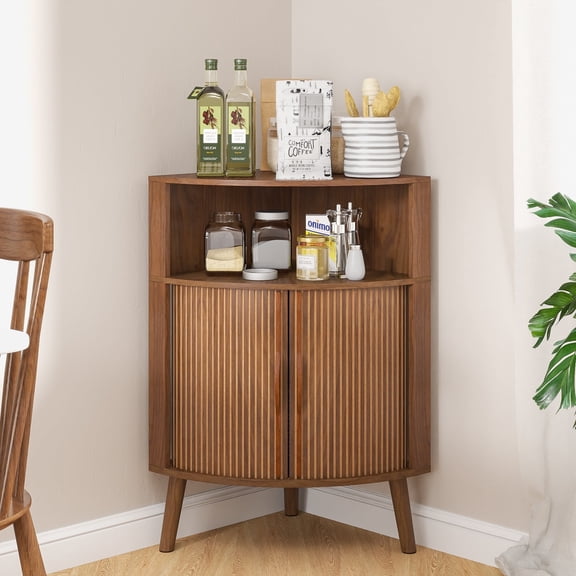 Bathroom Corner Storage Cabinet with Sliding Doors, Freestanding Floor Cabinet with Open Shelves for Kitchen, Living Room