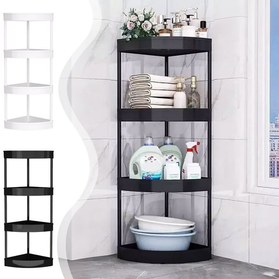 Bathroom Corner Storage Rack | 3-Tier Shelves | Standing Floor Organizer | Removable Rolling Design | Hollow Drainage | Guardrail | Plastic & Stainless Steel | 32.28x14.17in | 1 Pack | Space Saver