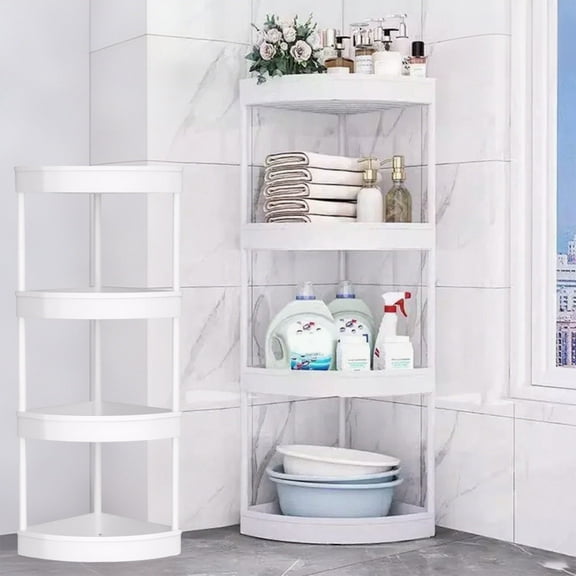 Bathroom Corner Storage Shelf - Floor Standing Toilet & Shower Organizer with Rollers, 82cm Tall Multi-Tier Metal & Plastic Shelving Unit,White