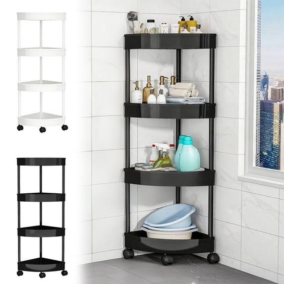 Bathroom Corner Storage Shelf Organizer | 4-Tier Detachable Rolling Rack with Drainage Holes | Plastic & Stainless Steel | Space-Saving, Deep Guardrail | White/Black | 31.5x13.6in
